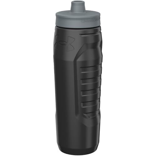 Under Armour Squeeze Water Bottles, 32 oz Water Bottles, Sideline Sports Water Bottle with Quick-Shot Lid, Quick & Easy Hydration, Gym Water Bottles, Squeeze Bottle, 1 32oz Bottle - color: Black/Pitch Grey