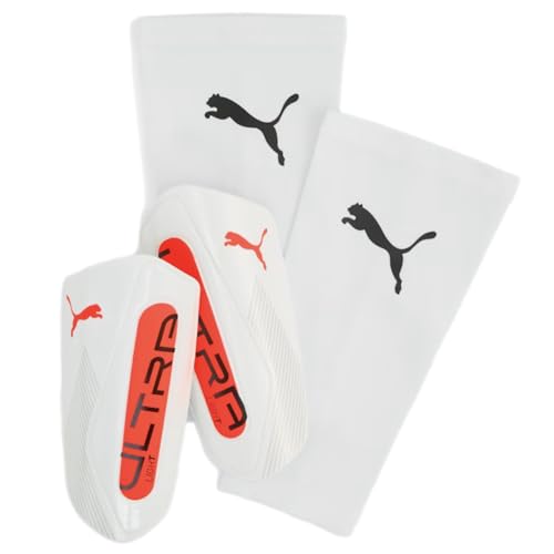 Puma Ultra Light Sleeve Soccer Shin Guards - color: White-Glowing Red, size: X-Small