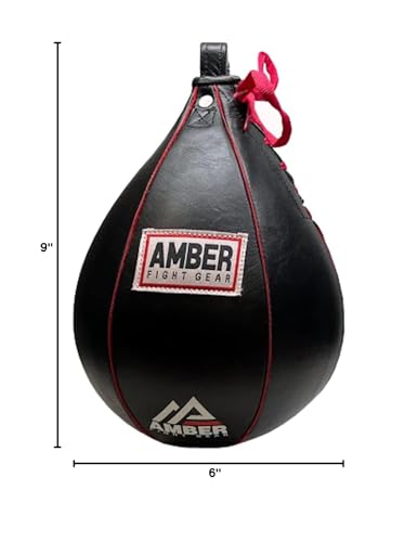Amber Fight Gear Leather Boxing Punching Speed Bag | Genuine leather shell, welted triple-stitched seams, latex inner bladder, black finish, 4 size options from XS to Large - size: Small (6"x9")