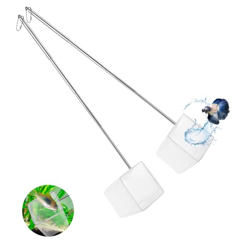 2 Pcs Small Fish Tank Shrimp Net, Stainless Steel Extendable Handle Aquarium Net, Fine Nylon Mesh, Square Debris Skimming Nets for Pond and Aquarium