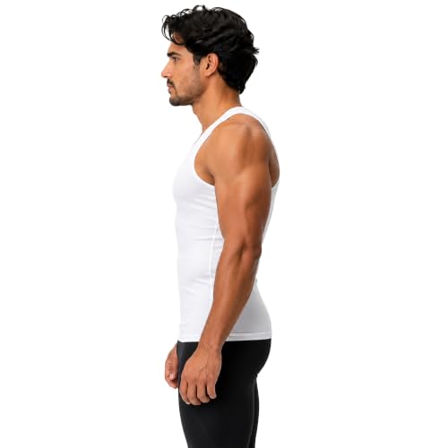 DEVOPS 3 Pack Men's Muscle Dry Fit Compression Tank Top Sleeveless Shirt - color: White / White / White(gray-stitch), size: Large