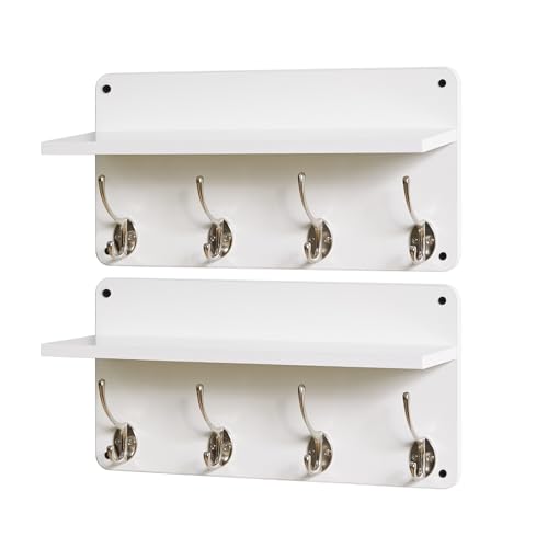 YMYNY 31.5" Coat Rack Wall Mount with Shelf and 8 Hooks, White, HWS006W-2 - color: White