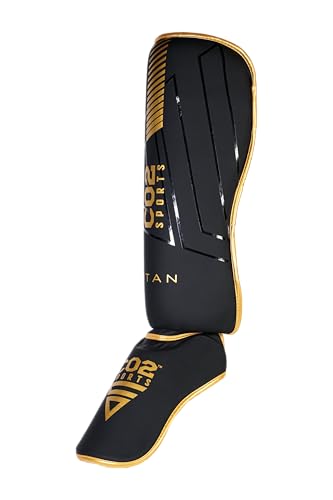 Titan Shin Guards, Padded Kickboxing Leg Guards with Instep Protection, Black/Gold, MMA Training Equipment