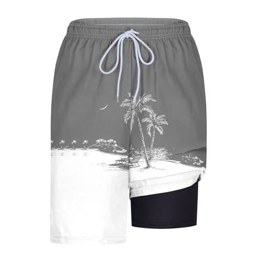 Men's Swim Trunks with Compression Liner Drawstring Bathing Suits Board Beach Shorts with Pockets - color: Gray, size: Small