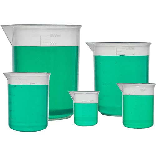 Karter Scientific Beaker Set, 5 Sizes 50ml / 100ml /250ml /500ml /1000ml Capacity Clear Plastic Graduated Measuring Beaker Set Liquid Cup Container, 5PCS
