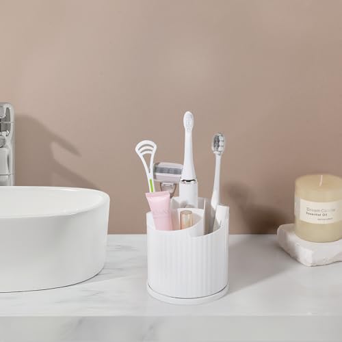 360 Rotating Makeup Brush Holder Organizer 5 Slots Make Up Brushes Cup Flower-Shaped Spinning Pen Holder for Vanity, Cosmetics, Lipsticks, White