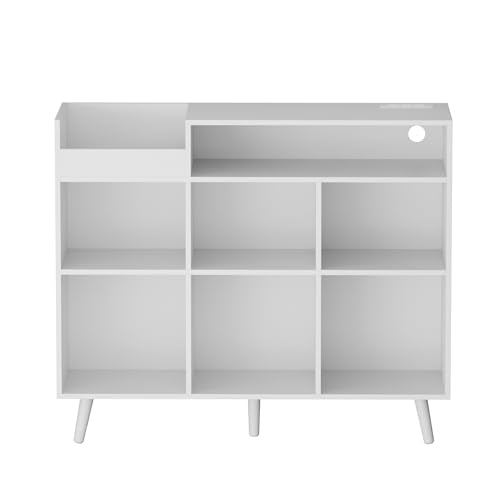 Large Record Player Stand with Vinyl Storage Cabinet, Wood Turntable Table Open Shelf Holder Up to 500 Albums Cube Storage Organizer for Living Room, Office, White