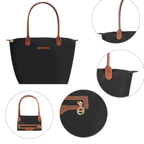 Waterproof Nylon Tote bag for Women Lightweight Designer Handbag with Zipper Stylish and Durable Purse - color: Black, size: Large