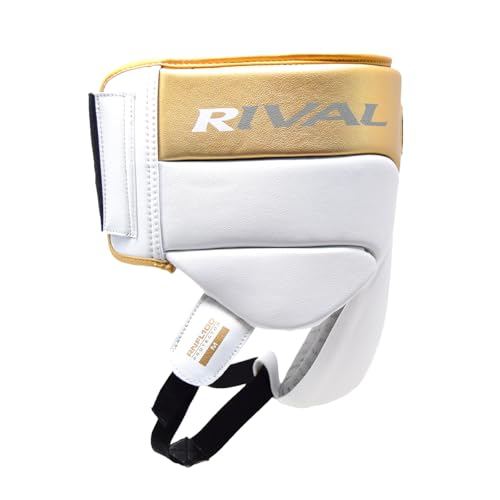 RIVAL Boxing RNFL100 Professional No-Foul Groin Protector with Laces, Dual Waist Straps, Ultra-Lightweight Construction, and Super-Rich Microfibre PU - color: White/Gold, size: Small
