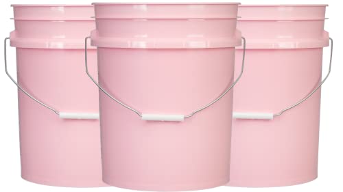 5 Gallon Pink Food Grade Plastic Storage Bucket with Lid Cover (Pack of 3) Made in USA (with White Easy Open Close Lids)