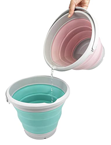 SAMMART 5.5L (1.4 Gallon) Collapsible Plastic Bucket - Foldable Round Tub - Portable Fishing Water Pail - Space Saving Outdoor Waterpot (Grey/Pale Pink)