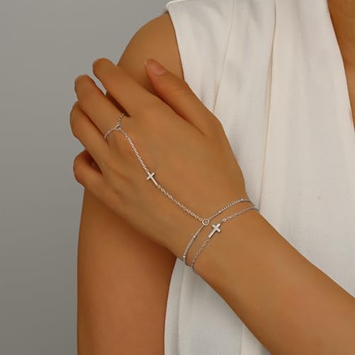 18K Gold Plated Small Cross Bracelet for Women | Tiny Cute Cross Bracelets | Beaded Bracelet | Hip Hop Knot | Hand Chain Bracelets | Gold Jewelry Gifts for Women - color: 2 Cross Hand Chain Silver