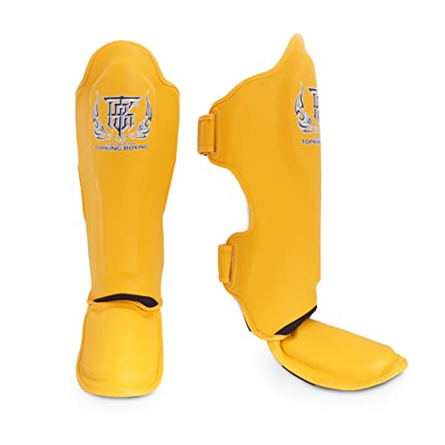 Top King New Pro Leather Shin Guards for Muay Thai - color: Yellow, size: Medium