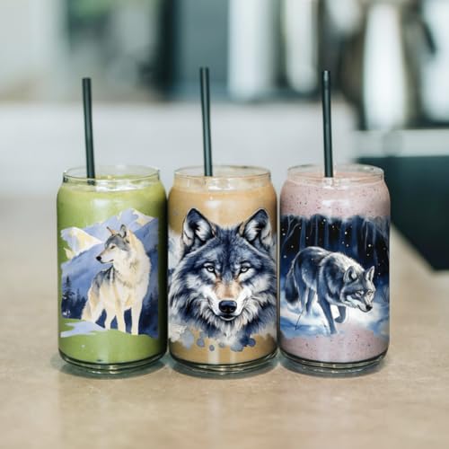 arricraft 10 Pcs Wolf Theme Cup Printing UV Transfer Papers, 10 Styles Watercolor Wolf and Snowy Mountains PVC DIY Heat Transfer Stickers for 16 OZ Glass Cups Crafts 9.5x4.3inch - style: Wolf Theme