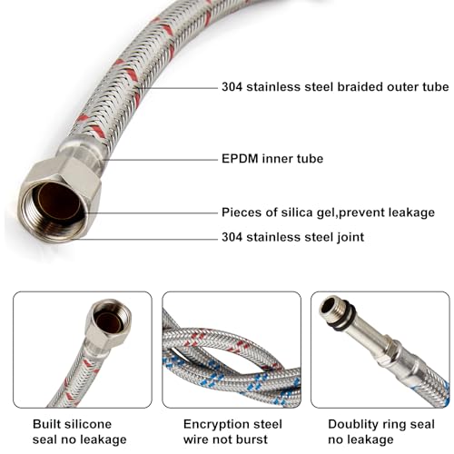 16-Inch Long Faucet Water Supply Lines, Braided Stainless Steel Supply Hose 3/8-Inch Female Compression Thread x M10 Male Connector, x 2 Pcs (1 Pair) - size: 16 Inch