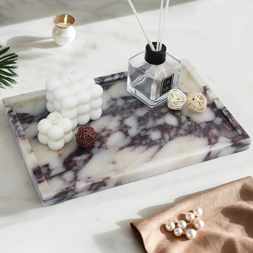 100% Real Luxury Natural Marble Vanity Tray Genuine Calacatta Viola Marble Stone Storage Trays for Home Decor Bathroom Vanity Dresser Kitchen, Non-Resin/Non-Ceramic, 11.7" x 7.8"
