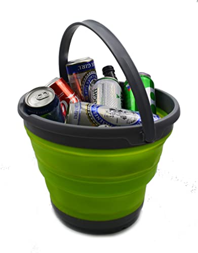 SAMMART 10L (2.6 Gallon) Collapsible Plastic Bucket - Foldable Round Tub - Portable Fishing Water Pail - Space Saving Outdoor Waterpot, Size 33cm Dia (Dark Grey/Fluorescent Green (Set of 2))
