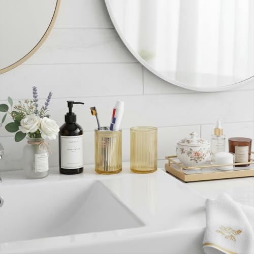 Toothbrush Holders for Bathrooms, 2pcs Glass Toothbrush Holder, 12oz Bathroom Tumbler and Mouthwash Cup, Tooth Brush and Toothpaste Organizer for Bathroom Vanity Countertop (Amber Silver) - color: Amber Silver