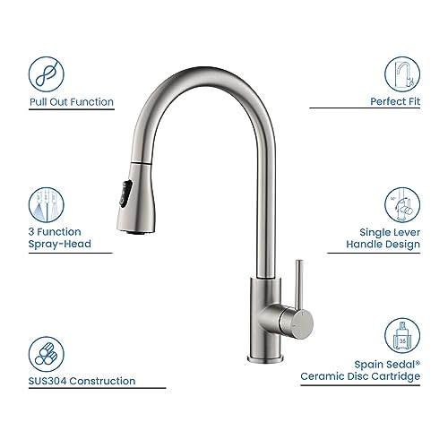 Single Handle Pull Down Kitchen Sink Faucet with Dual Function Sprayer – Solid Brass Construction, High Arc 360 Degree Swivel Spout Kitchen Faucet, Easy-Clean Nozzles (Brushed Nickel, F102)