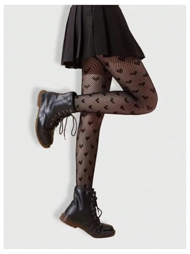 Women's Floral Lace Fishnet Tights Kawaii Y2K See Through Stockings Leggings - color: Heart Black, size: Medium