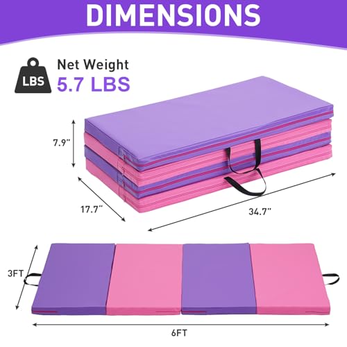 Gymnastics Mat, 3x6FT / 4x8FT 2" Thick Kids' Folding Tumbling Mat - color: 3x6FT-Pink&Purple