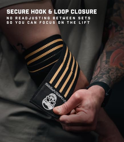 Gymreapers Weightlifting Elbow Wraps (1 Pair) - Flexible 40'' Elbow Compression Strap & Joint Support Brace - for Bench Press, Powerlifting, and Pressing - color: Tan