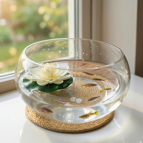 10'' Lotus Bowl Planter - Large Clear Glass Lily Flower Hydroponic Fish Tank with Braided Mat, Indoor Succulent Aquatic Plant Bonsai Terrarium Table Centerpiece Pot, No Drainage Hole Floral Round Vase