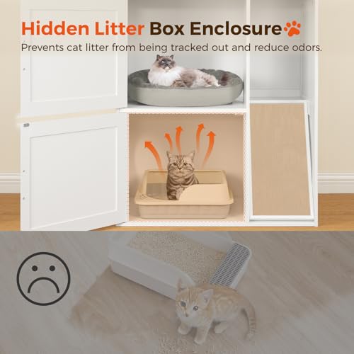 MAHANCRIS Fish Tank Stand and Litter Box Enclosure Bundle, Aquarium Stand with 2-Tier Storage Shelves, Hidden Litter Box Furniture with Scratch Pad, for Home Living Room, FTHR2001-CWBZ3201