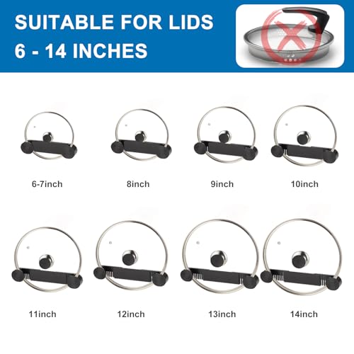 New Upgrade 4 Pack Adjustable Pot Lid Holder, Lid Organizer Fits 6" to 14" Lids, with Screw Hole Position and Sticky Wall Mounted Lid Storage Kitchen Cabinets, Cabinet Doors (Black) - color: Black