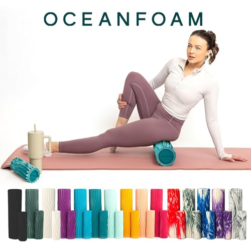 Oceanfoam Ripple Travel Foam Roller (11" x 3.35") Firm Mini Foam Roller for Physical Therapy, Deep Tissue Massage, Back Pain - High Density, Wave Textured - Yoga, Exercise (Jade & Seafoam Marbled) - color: Jade & Seafoam Marbled