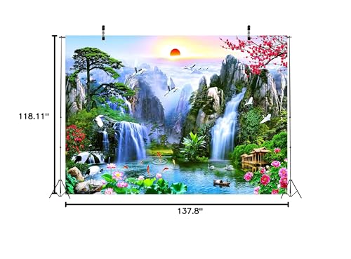 BELECO 12x10ft Fabric Fairyland Mountain Lake Photography Backdrop Waterfalls Swans Fish Flowers Dreamy Natural Landscape Painting Background Wall Murals Home Decor Kids Adults Portrait Photoshoot - size: 12x10FT