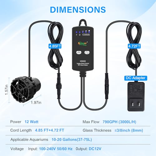 hygger Aquarium Wave Maker for 10-20 Gallon Fish Tanks, Adjustable DC Power Heads for Aquarium with Controller, Aquarium Circulation Pump With Magnetic Base for Saltwater Freshwater Tank 790 GPH - size: 790GPH