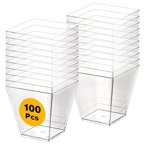 100 Pack 8 Oz Square Clear Plastic Dessert Cups & Charcuterie Cups - Disposable Mini Tasting Cup for Appetizers, Puddings, Mousse, Ice Cream, Party, Wedding Catering Supplies