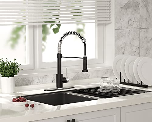 Black Nickel Kitchen Faucet with Pull Down Sprayer, Stainless Steel Spring Commercial Kitchen Sink Faucet with 10-Inch Deck,1 or 3 Hole Installation for Farmhouse, RV Camper, Laundry & Utility Sink