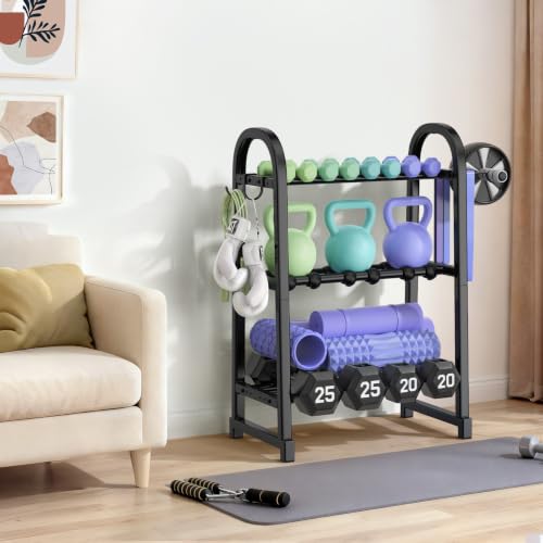 3 Tier Dumbbell Rack - Weight Rack for Home Gym: Stand Only | Heavy Duty Adjustable Storage Rack with Hooks, Dumbbell Stand & Weight Holder, Organizer Shelf for Home Gym - size: 18.5''Length