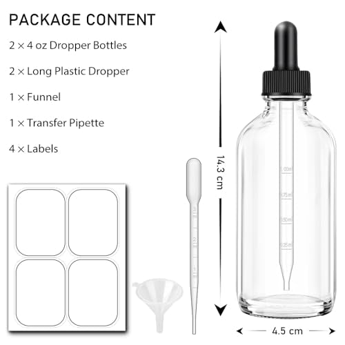 Dropper Bottles 4oz, 2 Pack Clear Tinctures Bottle with Dropper for Essential Oils with Funnel, Labels & Pipette, Glass Dropper Bottles for Aromatherapy(Unbreakable Plastic Eye Dropper) - color: Clear