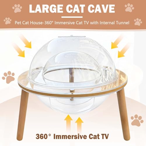 Large 2-in-1 Cat Cave & Fish Tank, 360° Immersive Cat TV House with Internal Observation Tunnel, Heavy-Duty Plywood Base & 4mm Thick Acrylic, Modern Pet Enrichment Furniture for Indoor Cats