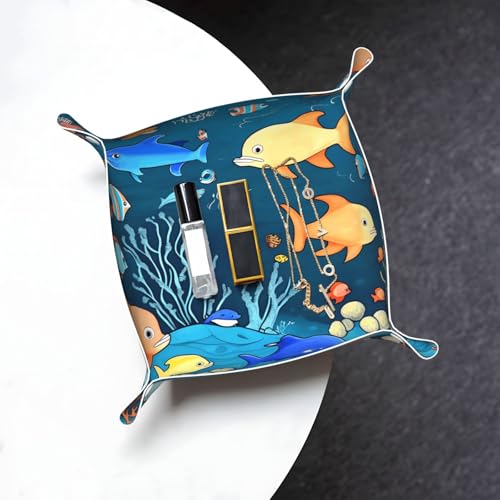 Medium Blue Underwater World of Fish Leather Storage Tray - Double Sided PVC Tray Organizer for Keys, Jewelry, Desk & Vanity with Snap Closure