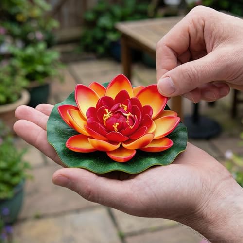 Artificial Floating Foam Lotus Flower with Lily Pads, Artificial Pond Plants Ornaments for Pond Garden Aquarium Decoration, Orange