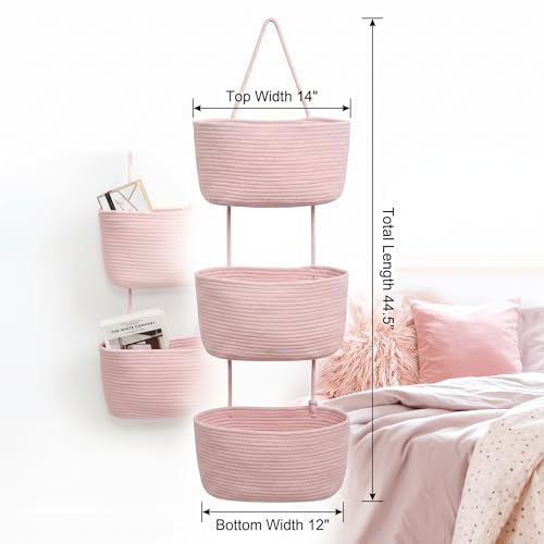 Hanging Basket, Over Door Organizer, 3 -Tier Wall Basket with Hooks | Pink Adjustable Height Cotton Wall Organizer Boho Basket for Nursery Bathroom Living Room Bedroom Kitchen Small Apartment - style: Pink