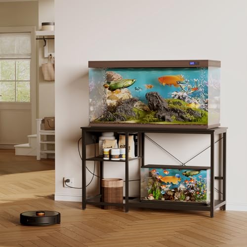 55-75 Gallon Fish Tank Stand with Power Outlet & LED Light, Metal Aquarium Stand with 3 Tier Adjustable Storage Shelves, for Reptile & Turtle Tank, 52" L*19.5" W, Black