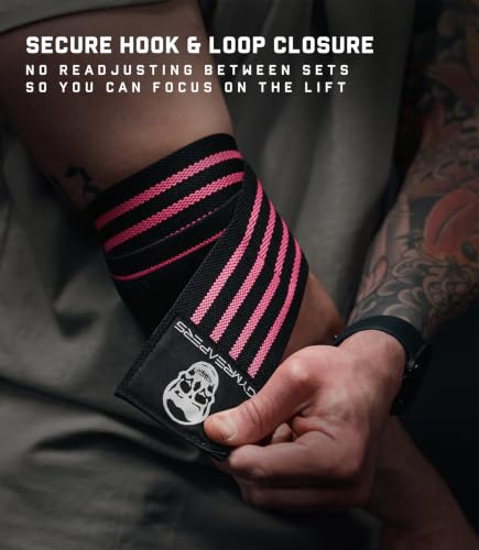 Gymreapers Weightlifting Elbow Wraps (1 Pair) - Flexible 40'' Elbow Compression Strap & Joint Support Brace - for Bench Press, Powerlifting, and Pressing - color: Pink