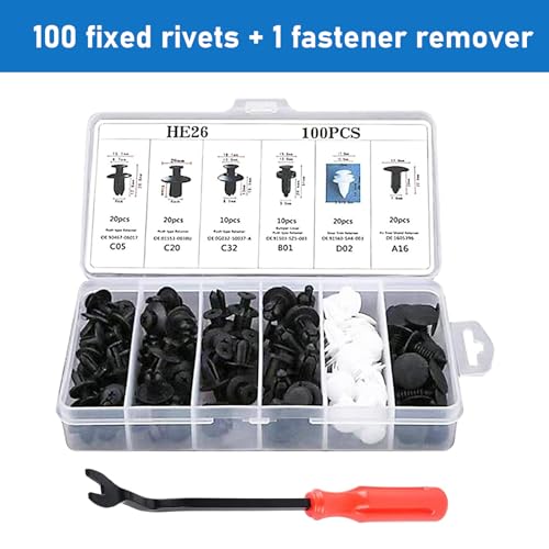 100 PCS Car Buckle Combination Set, PA66 Injection Molded Bumper Push Fastener Rivet Clamp Expansion Screw, Universal Fastening Screw Replacement Kit, Suitable for Most Models (Black & White)