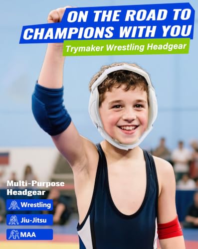 Trymaker Wrestling Headgear, Head Gear for Youth with Chin Cup & Pad - color: White Headgear & White Strap