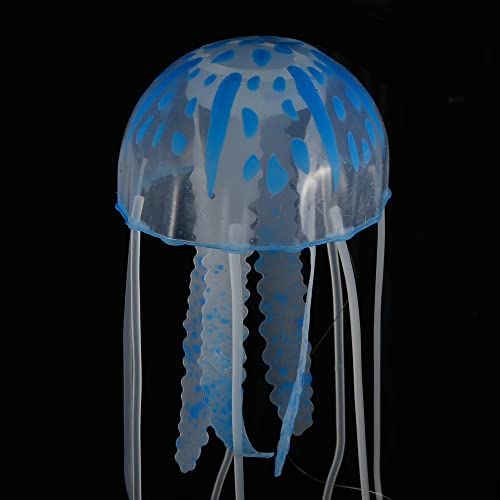 VOCOSTE Fish Tank Jellyfish Decoration, Silicone Fluorescent Jellyfish Glow Ornaments Aquarium Decor with Suction Cup, Blue, 2.3"x5.9"