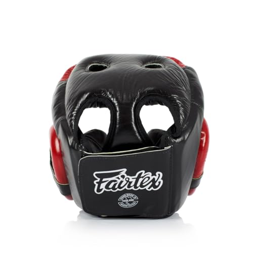 Fairtex Full Head Guard, Muay Thai MMA Sparring Helmet Protective Headgear - color: HG13 Full Head-Black/Red, size: Medium