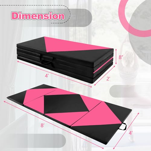 Giantex 4'x8' Gymnastics Mat, 2" Thick Folding Tumbling Mat with Carrying Handles, Foldable Gym Mat with Hook and Loop Fastener, Cheer Mats for Kids Adults Home Exercise Aerobics Fitness - color: Black/Pink