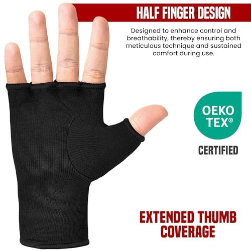 RDX Boxing Hand Wraps Inner Gloves Men Women, Half Finger Elasticated Bandages, Under Mitts Fist Protection, Muay Thai, Kickboxing, MMA, Martial Arts Speed Bag Punching Training - color: Black, size: X-Large