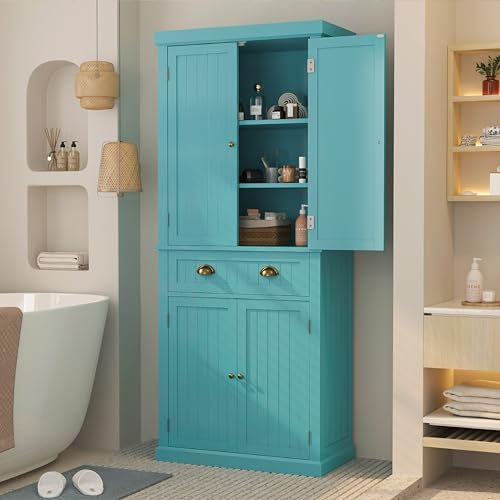 72" Kitchen Pantry,Tall Storage Cabinets with Doors and Shelves,Freestanding Pantry Cabinet for Bathroom,Dining Room and Living Room (Turquoise Blue) - color: Turquoise Blue