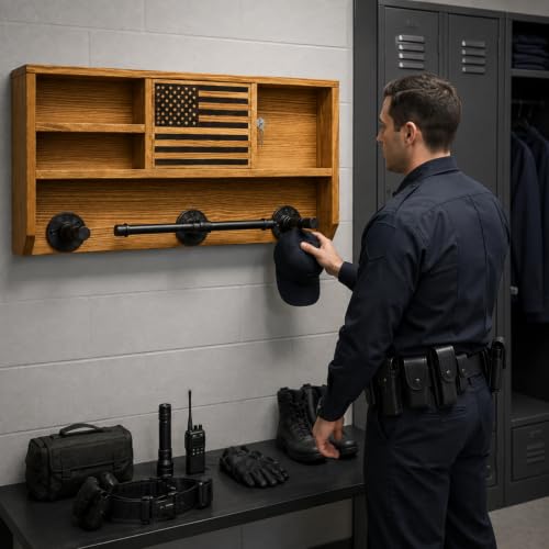 GUTE Police Wall Mounted Tactical Duty Gear Rack with Blue American Flag | First Responder Storage Shelf & Organizer for Policemen, Law Enforcement Holder | Gift Décor - style: Rack with Storage Lock
